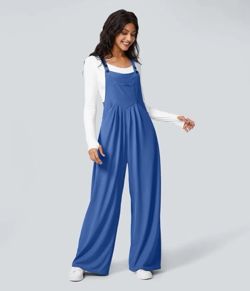 HALARA Royal Blue Wide Leg Overalls Jumpsuit Waffle Knit Pocket Sz SP Minimalist